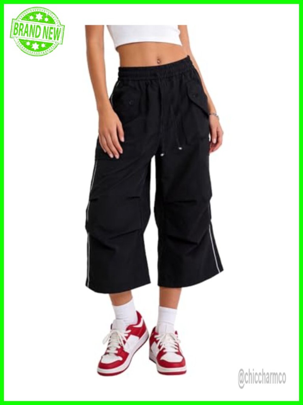 Women's Cropped Cargo Pants Baggy Wide Leg Capri Y2K Drawstring Waist